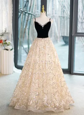 Sequins/Sparkling Light Champagne Beaded V-neckline Ballgown Straps Long Prom Dress