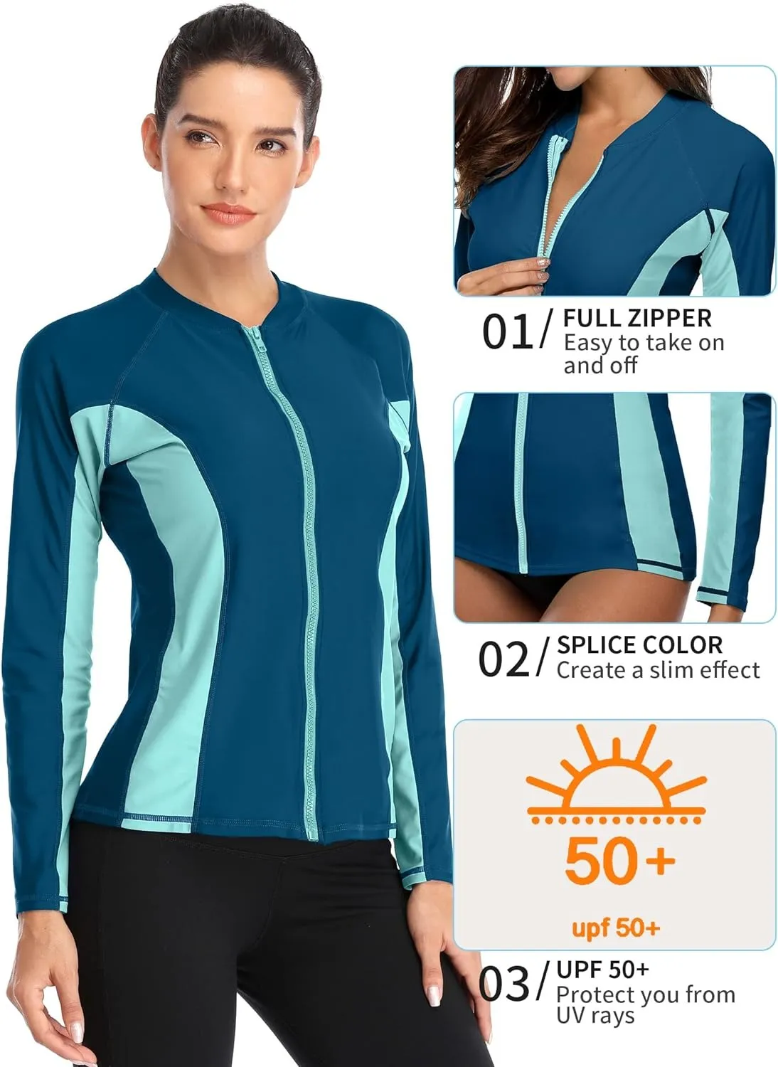 Shades of Aque Color-Block Long Sleeve Swim Shirt UPF50  Rash Guard