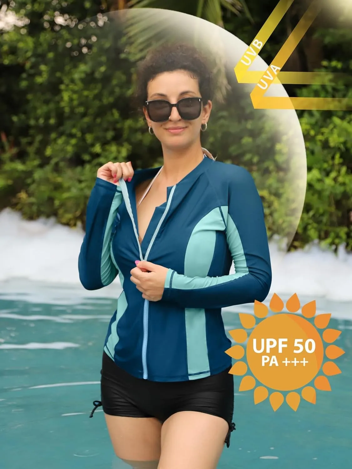 Shades of Aque Color-Block Long Sleeve Swim Shirt UPF50  Rash Guard