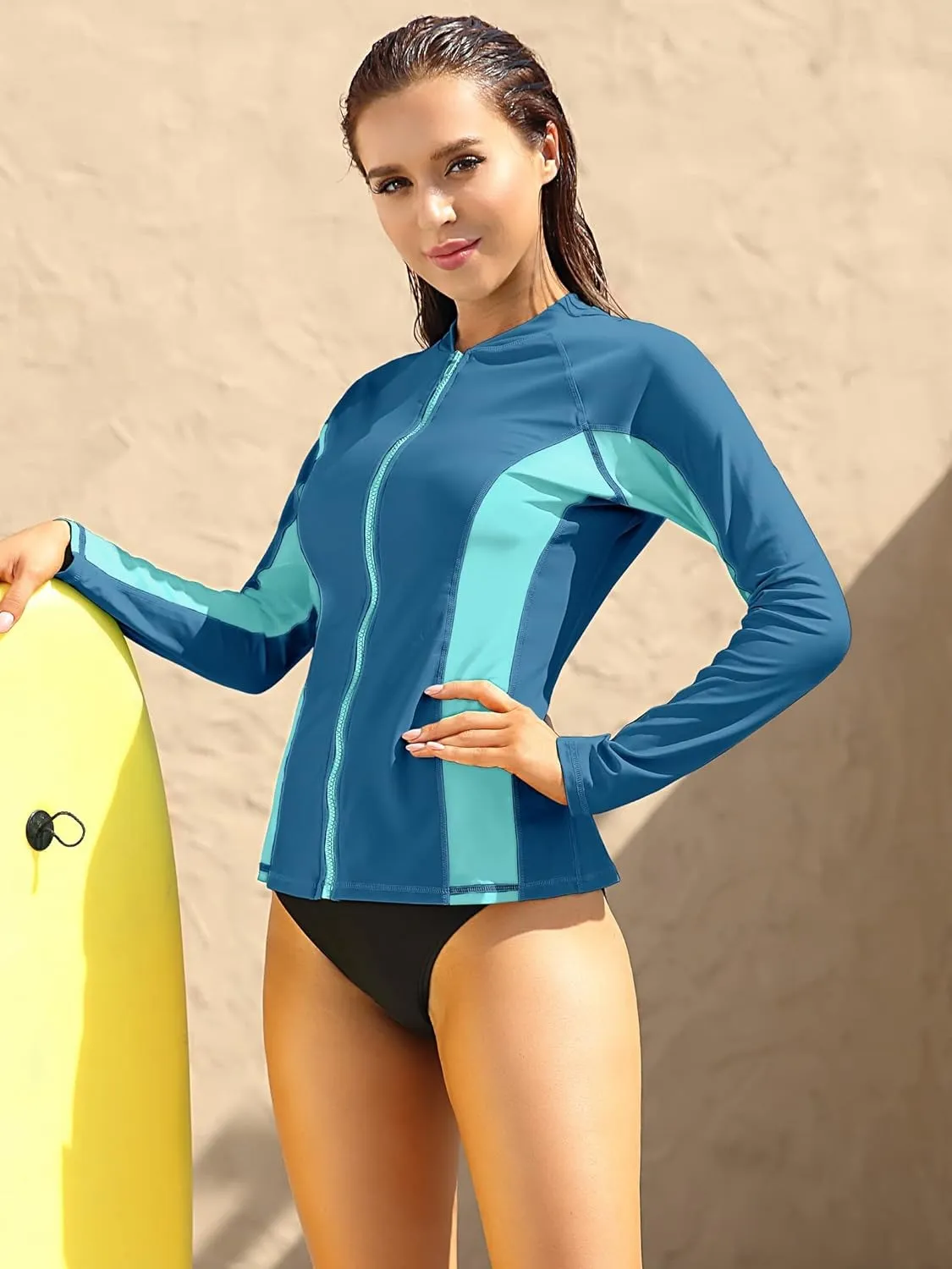 Shades of Aque Color-Block Long Sleeve Swim Shirt UPF50  Rash Guard