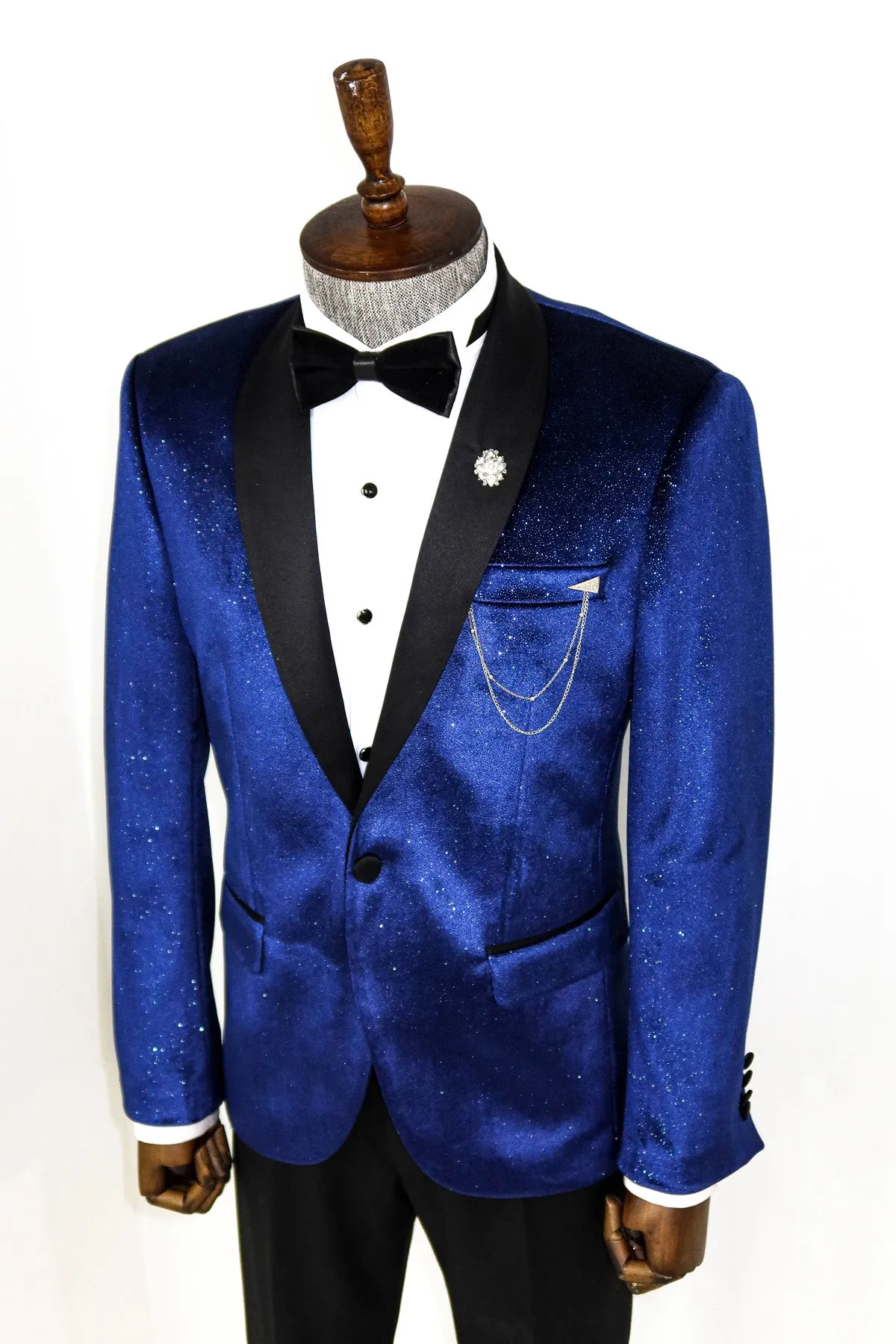 Shawl Collar Velvet Sax Blue Men Prom Blazer - Wessi