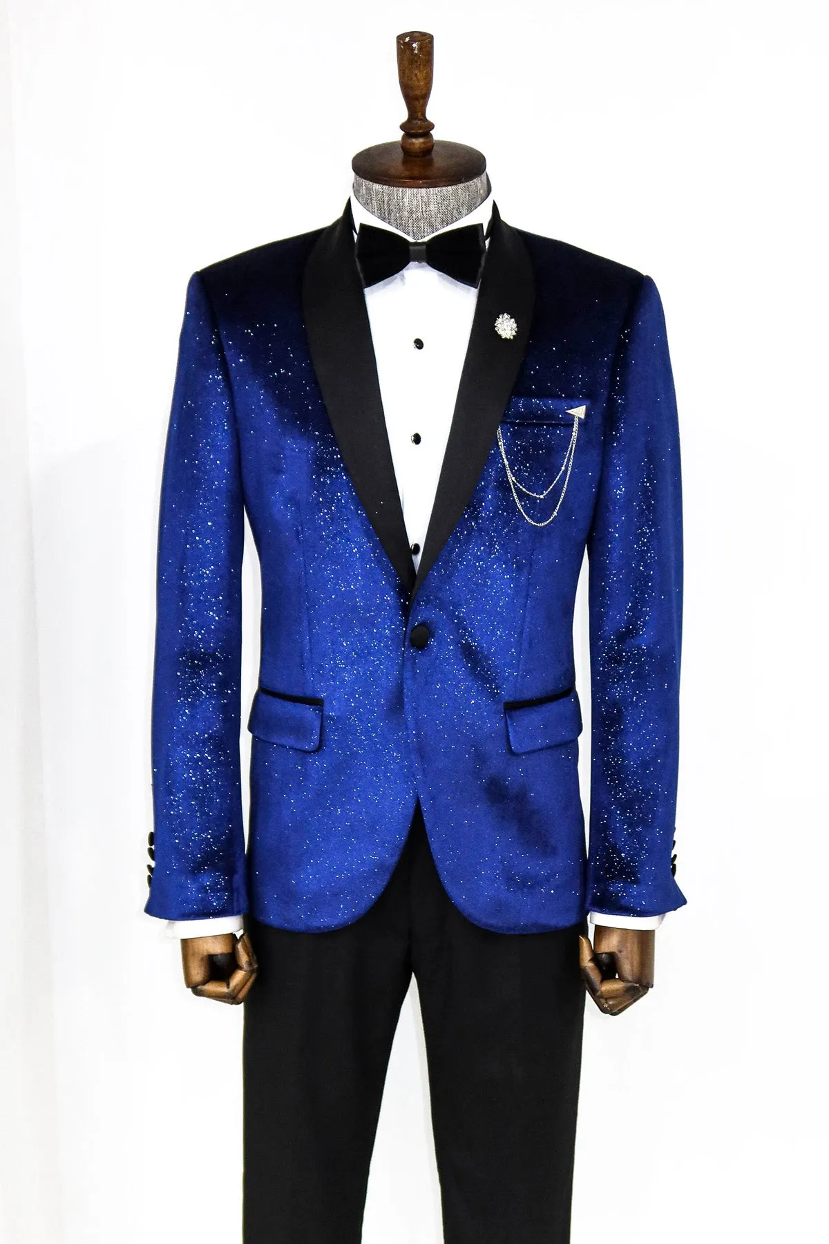 Shawl Collar Velvet Sax Blue Men Prom Blazer - Wessi