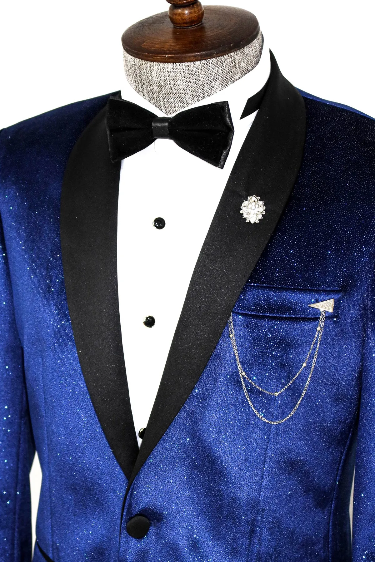 Shawl Collar Velvet Sax Blue Men Prom Blazer - Wessi