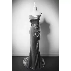 Silver Evening Gown with Corset Back - Mermaid Dress Evening Gown - Sequin Evening Gown and Strapless Evening Gown Plus Size
