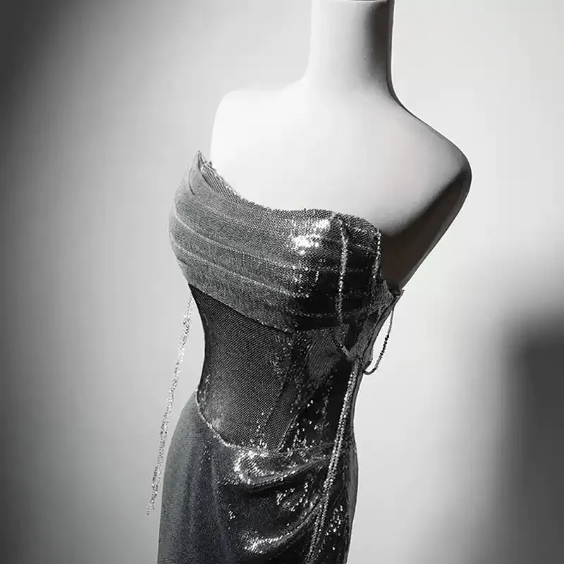 Silver Evening Gown with Corset Back - Mermaid Dress Evening Gown - Sequin Evening Gown and Strapless Evening Gown Plus Size