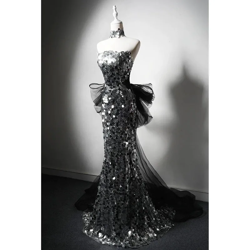Silver Sequin Strapless Evening Gown with Corset - Silver Sequined Mermaid Dress with Bow Plus Size