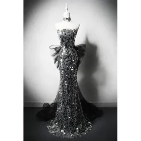 Silver Sequin Strapless Evening Gown with Corset - Silver Sequined Mermaid Dress with Bow Plus Size