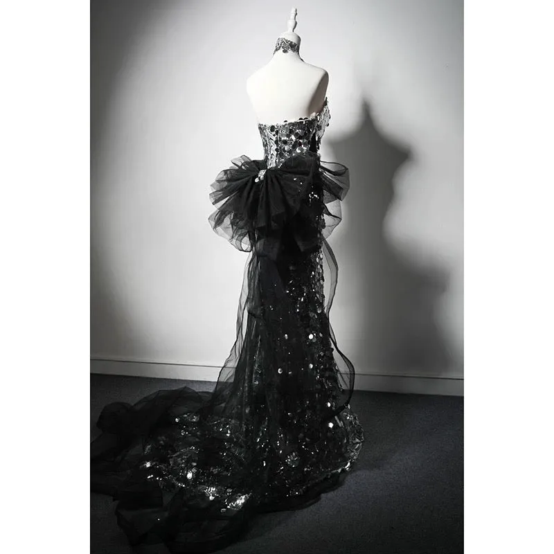 Silver Sequin Strapless Evening Gown with Corset - Silver Sequined Mermaid Dress with Bow Plus Size