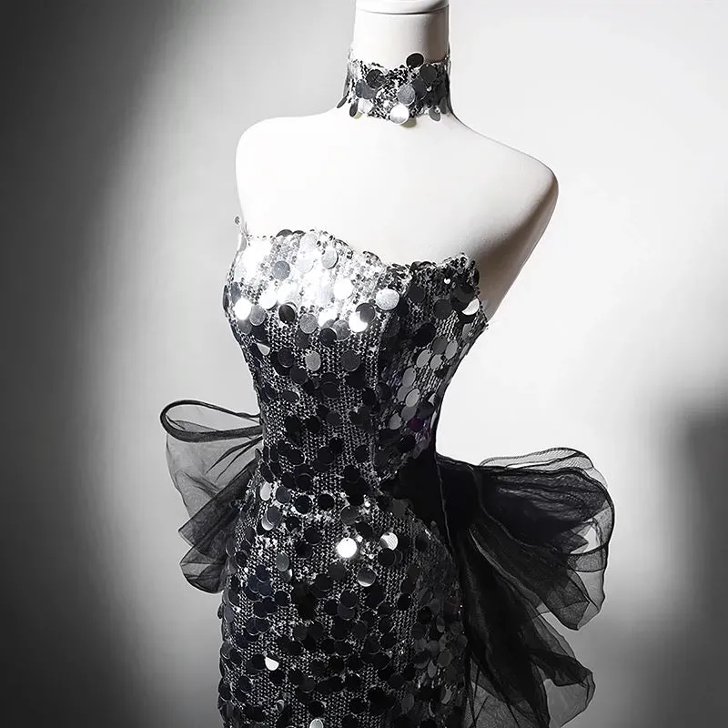 Silver Sequin Strapless Evening Gown with Corset - Silver Sequined Mermaid Dress with Bow Plus Size
