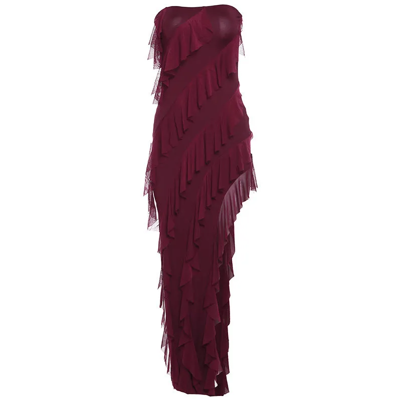 Skinny Women's Fashion Tube Top Backless Split Tassel Dress Party Clubwear