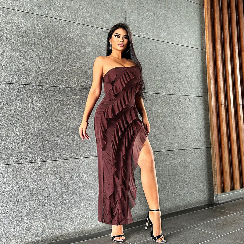 Skinny Women's Fashion Tube Top Backless Split Tassel Dress Party Clubwear