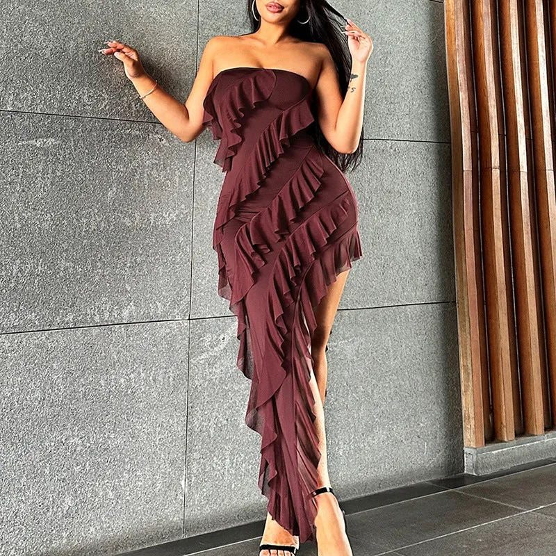 Skinny Women's Fashion Tube Top Backless Split Tassel Dress Party Clubwear
