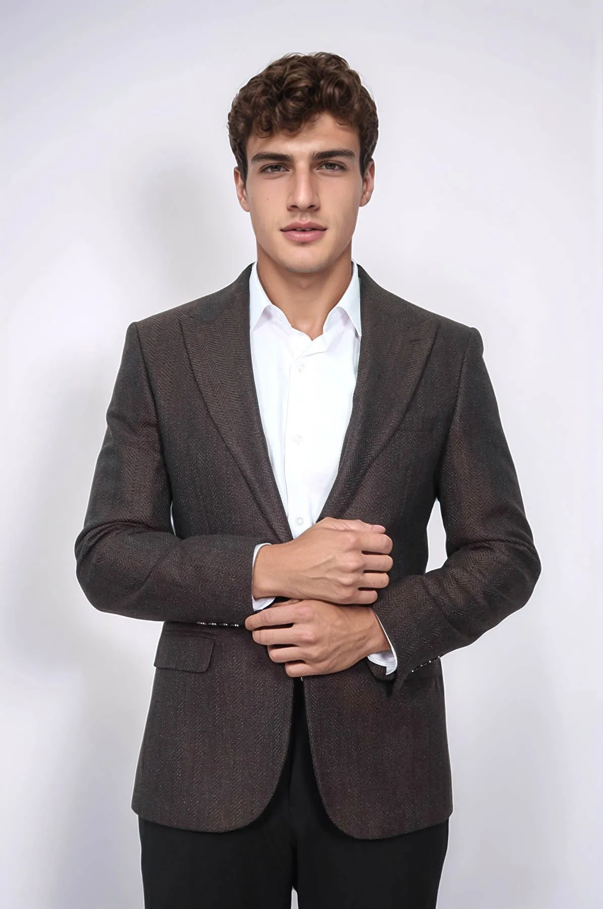 Slim Fit Patterned Brown Men Blazer - Wessi
