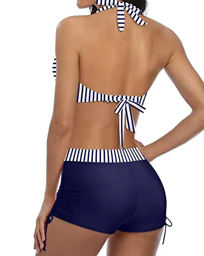 Sporty Two Piece Swimsuit With Push Up Bikini And Boyshort-Blue White Stripe