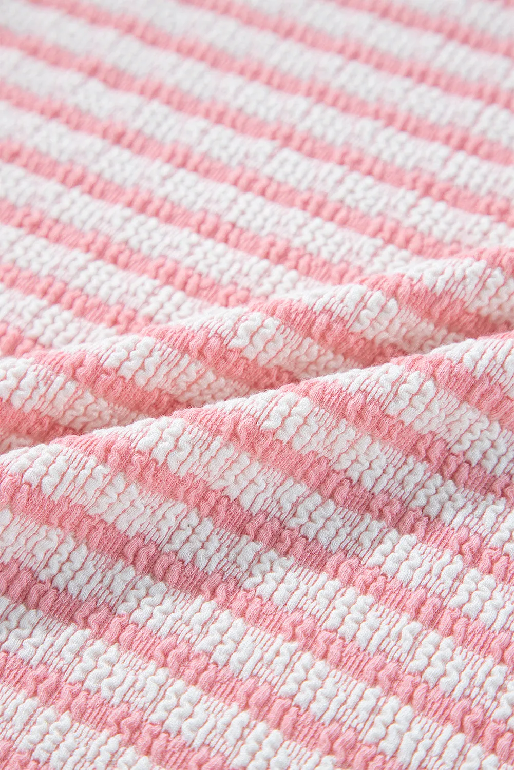 Stripe Textured Puff Sleeve Crewneck Top