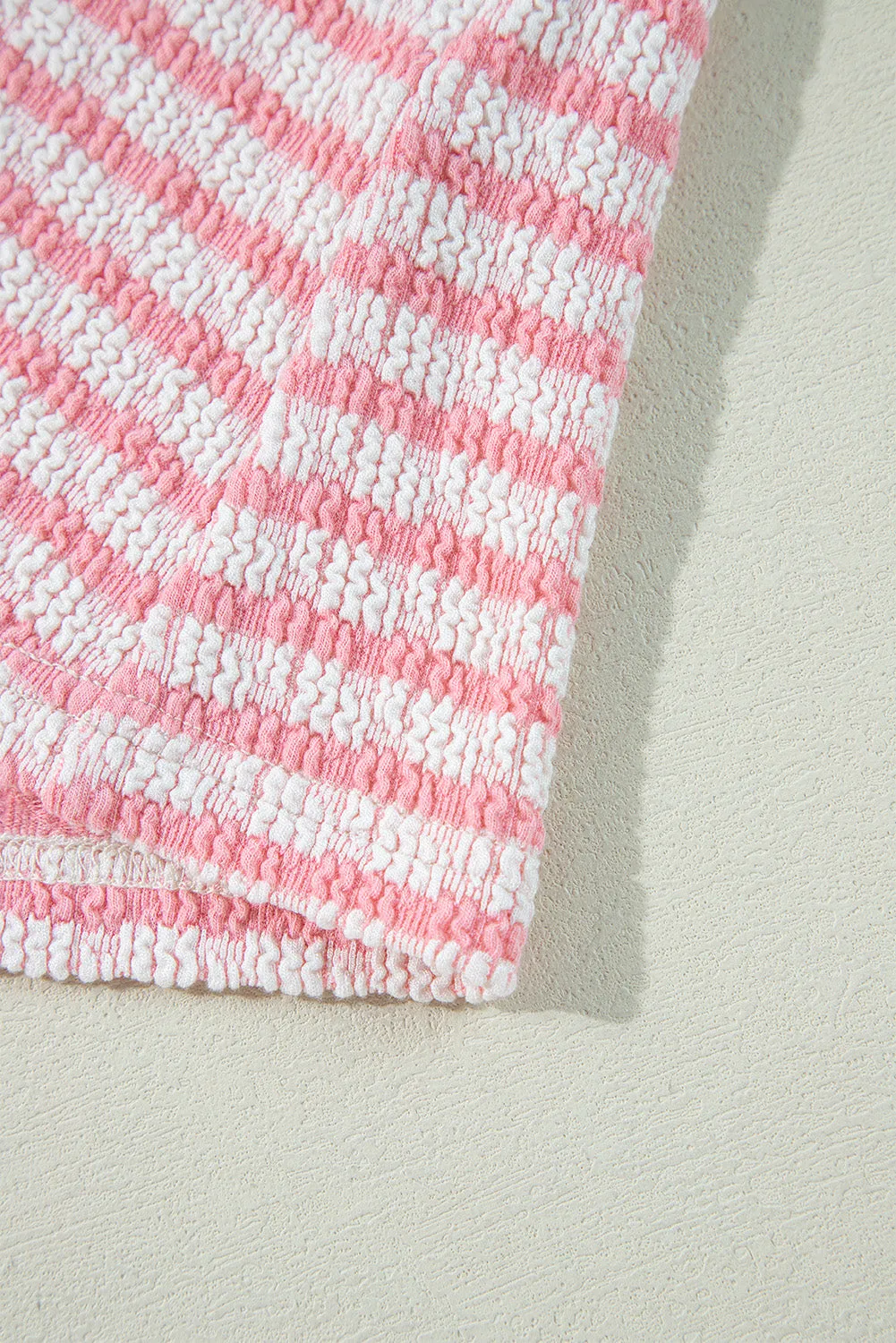 Stripe Textured Puff Sleeve Crewneck Top