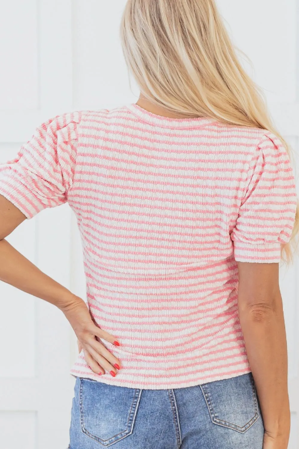 Stripe Textured Puff Sleeve Crewneck Top