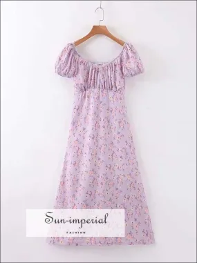 Sun-imperial Vintage Floral Women Midi Dress Spring Square Collar Elastic Vintage Romantics Vacation