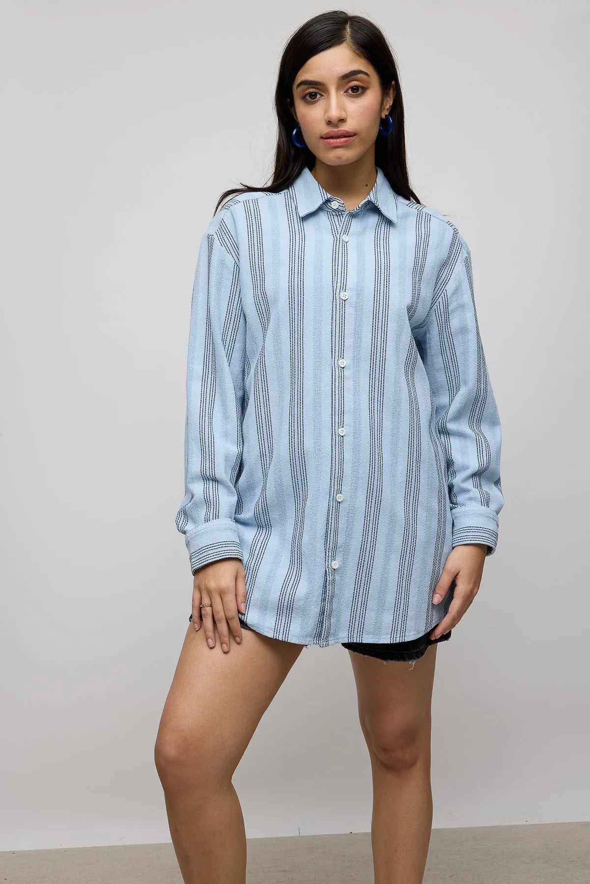 Textured Knit Full Sleeves Women's Shirt- Blue/Black Stripes