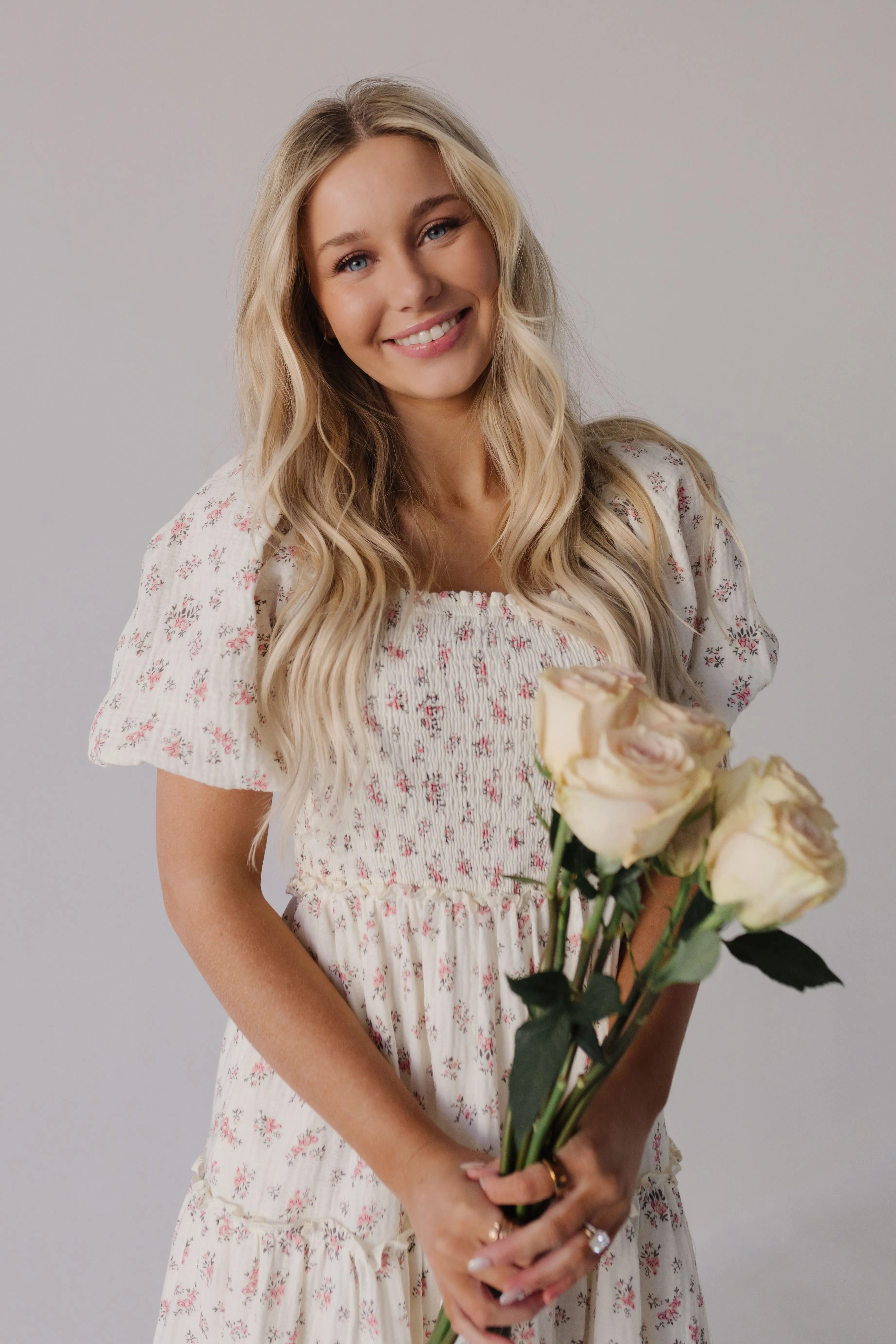 THE ADELAIDE FLORAL MIDI PUFF SLEEVE DRESS IN PINK