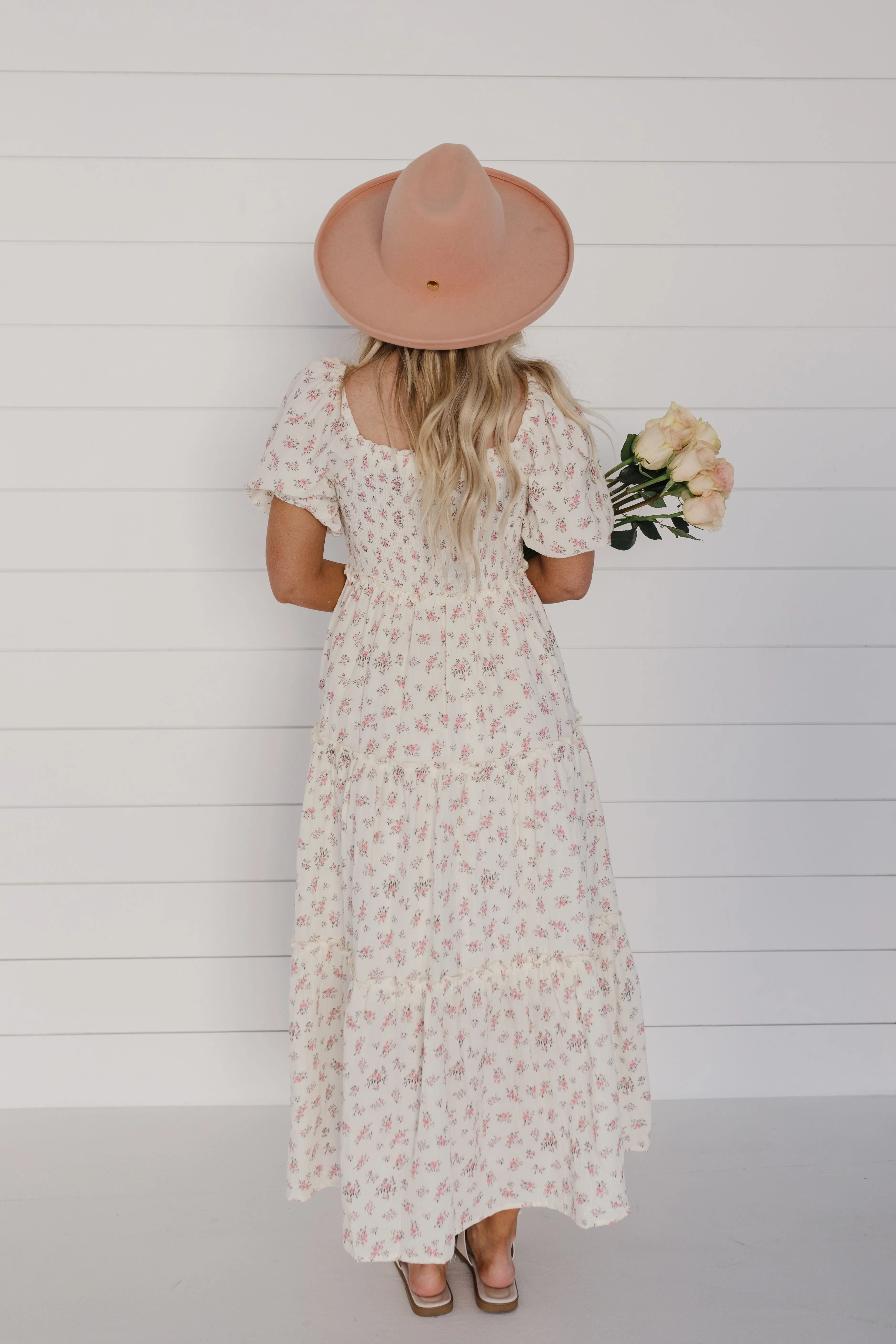 THE ADELAIDE FLORAL MIDI PUFF SLEEVE DRESS IN PINK