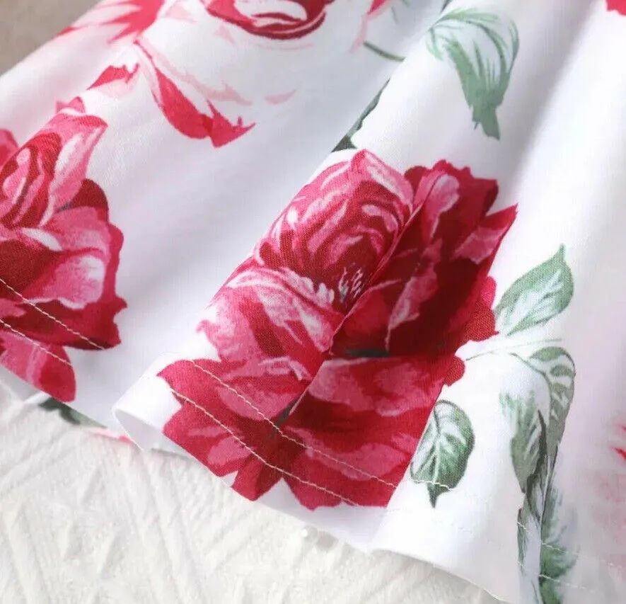 Toddler Girls Dress: Rose Red Floral Print Girls Dress