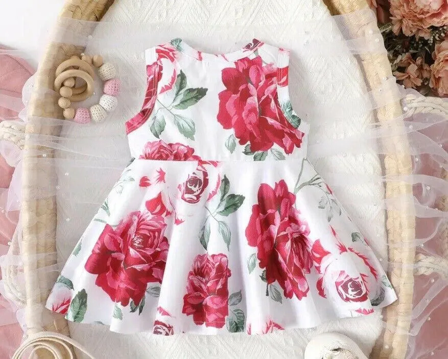 Toddler Girls Dress: Rose Red Floral Print Girls Dress