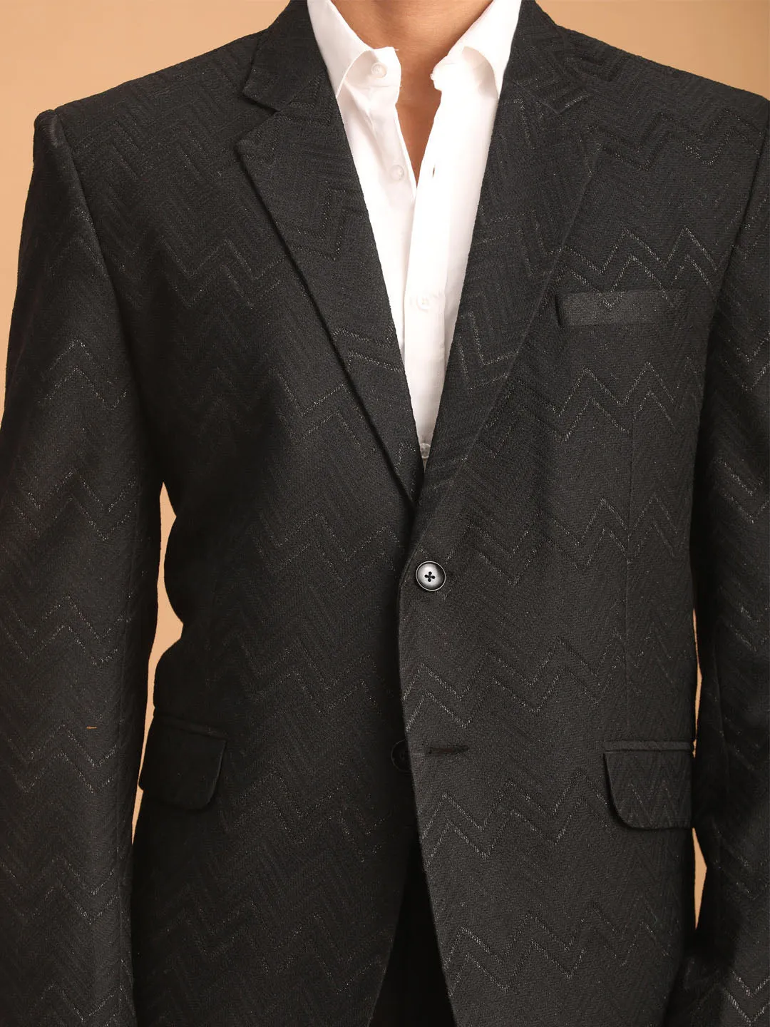 Vastramay Men's Black Zig Zag Glitter Silk Blend Blazer