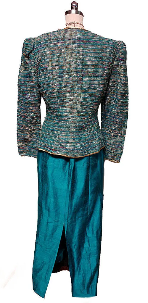 VINTAGE '80S TEAL & METALLIC GOLD SLUBBED EVENING JACKET WITH SILK DUPIONI SKIRT