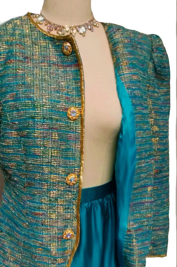 VINTAGE '80S TEAL & METALLIC GOLD SLUBBED EVENING JACKET WITH SILK DUPIONI SKIRT