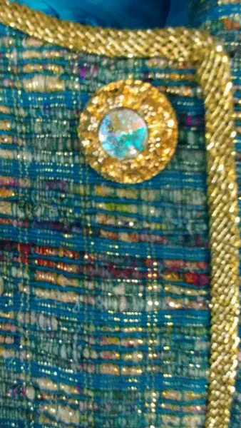 VINTAGE '80S TEAL & METALLIC GOLD SLUBBED EVENING JACKET WITH SILK DUPIONI SKIRT