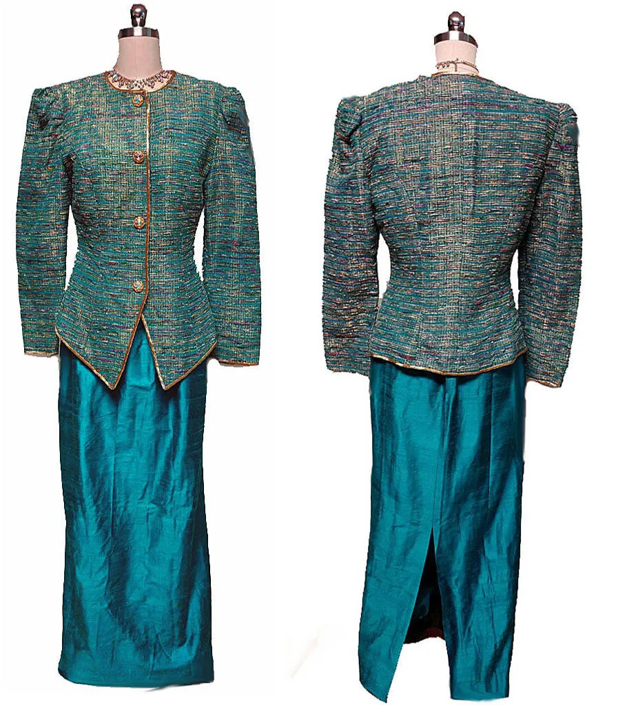 VINTAGE '80S TEAL & METALLIC GOLD SLUBBED EVENING JACKET WITH SILK DUPIONI SKIRT