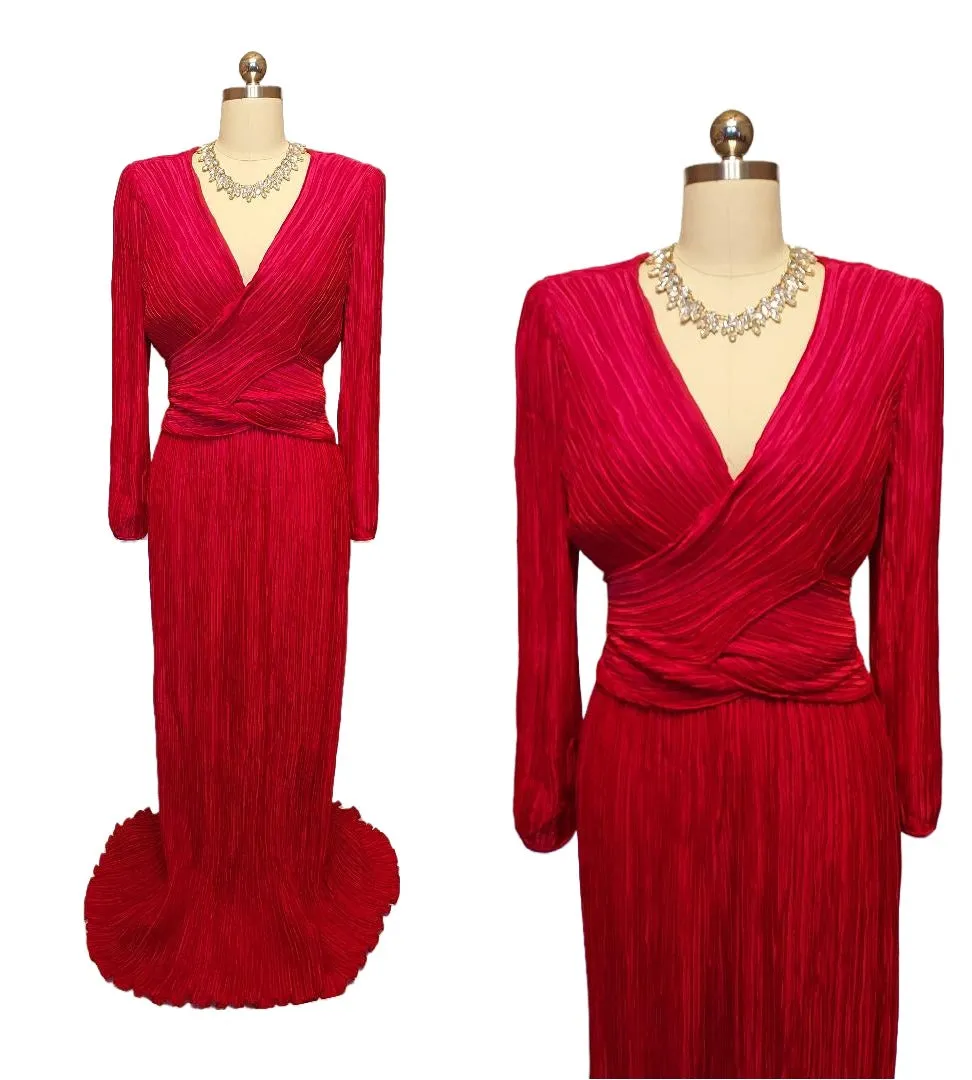 VINTAGE GEORGE F COUTURE FORTUNY LOOK PLEATED EVENING GOWN IN QUEEN OF HEARTS RED