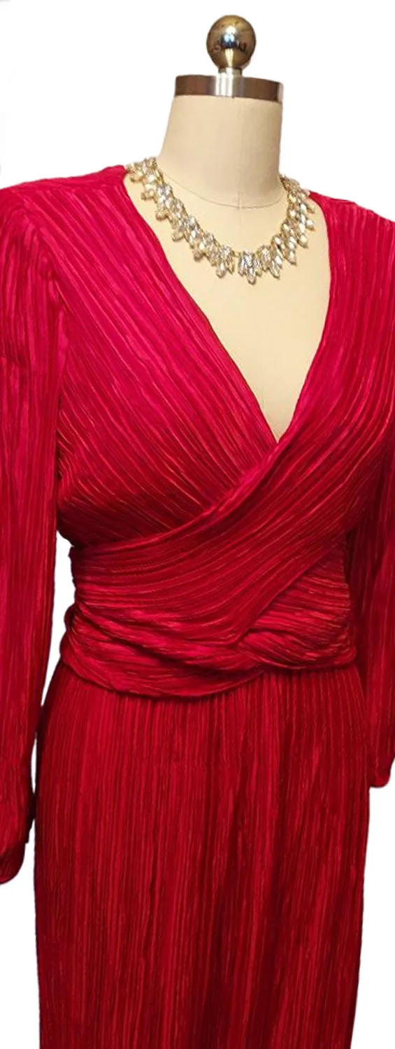 VINTAGE GEORGE F COUTURE FORTUNY LOOK PLEATED EVENING GOWN IN QUEEN OF HEARTS RED