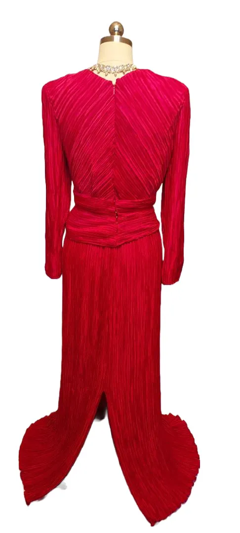VINTAGE GEORGE F COUTURE FORTUNY LOOK PLEATED EVENING GOWN IN QUEEN OF HEARTS RED