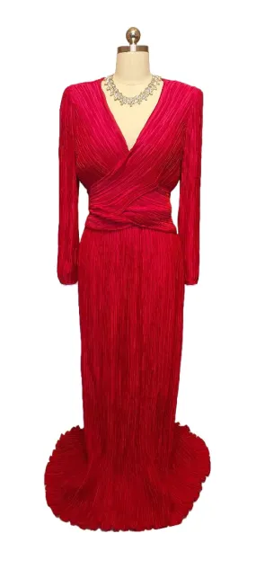 VINTAGE GEORGE F COUTURE FORTUNY LOOK PLEATED EVENING GOWN IN QUEEN OF HEARTS RED