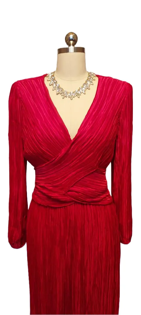 VINTAGE GEORGE F COUTURE FORTUNY LOOK PLEATED EVENING GOWN IN QUEEN OF HEARTS RED