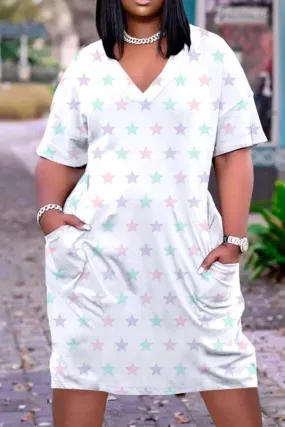 White Casual Print Split Joint V Neck T-shirt Dress Dresses