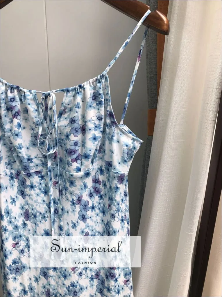 White Dress with Blue Floral Print Silk Sling Midi Dress with Cami Strap and Ruched Tie front Bust