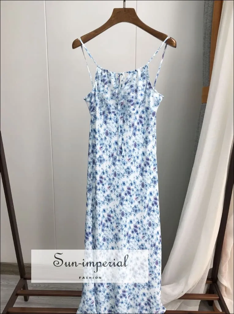 White Dress with Blue Floral Print Silk Sling Midi Dress with Cami Strap and Ruched Tie front Bust