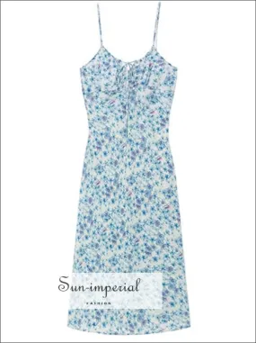 White Dress with Blue Floral Print Silk Sling Midi Dress with Cami Strap and Ruched Tie front Bust