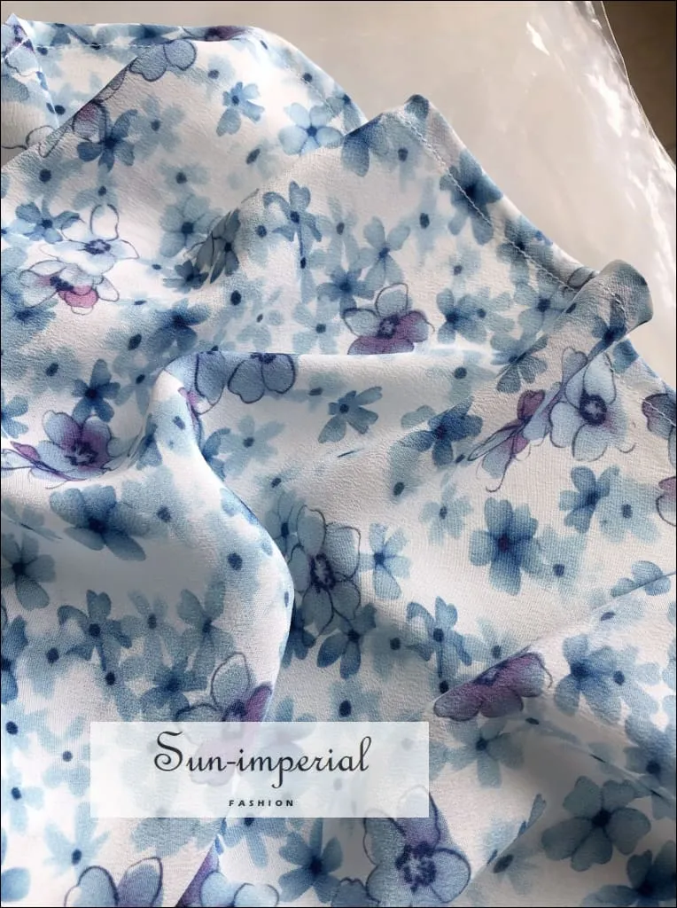 White Dress with Blue Floral Print Silk Sling Midi Dress with Cami Strap and Ruched Tie front Bust