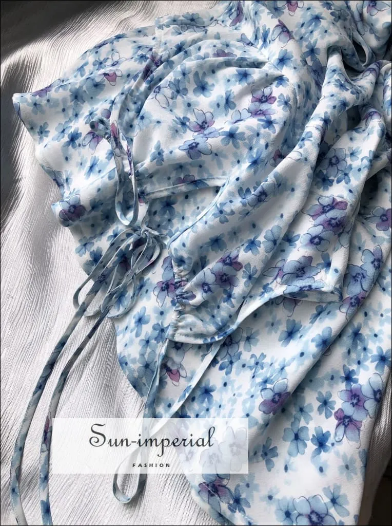 White Dress with Blue Floral Print Silk Sling Midi Dress with Cami Strap and Ruched Tie front Bust