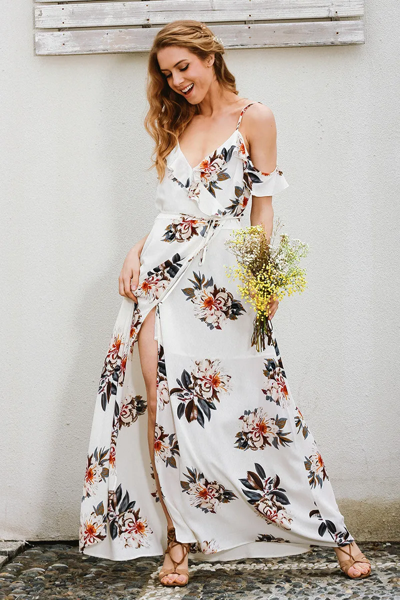 White Floral Print Summer Maxi Dress