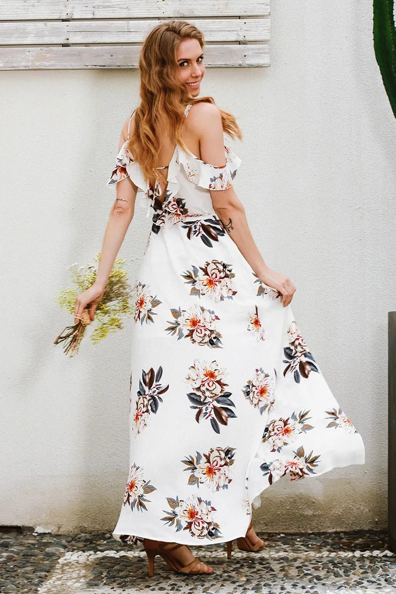 White Floral Print Summer Maxi Dress