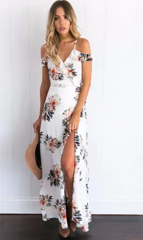 White Floral Print Summer Maxi Dress