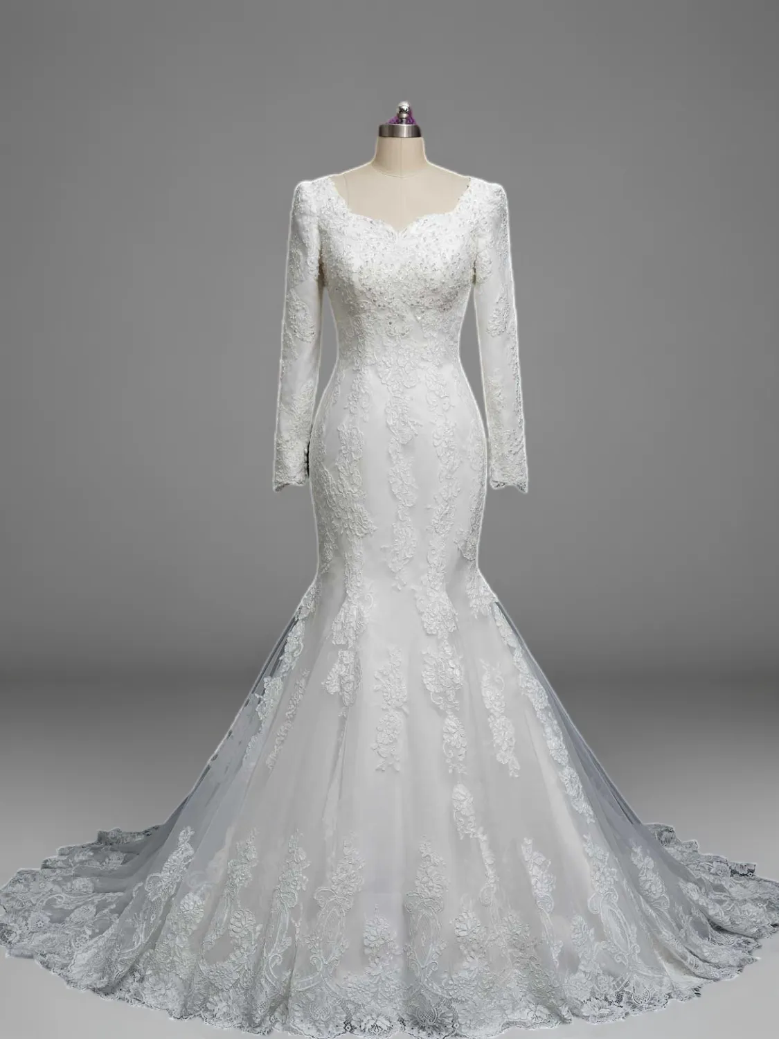 White Lace Mermaid Wedding Dress with Train and Embroidery - Long Sleeves Lace Bridal Gown with Tulle Plus Size