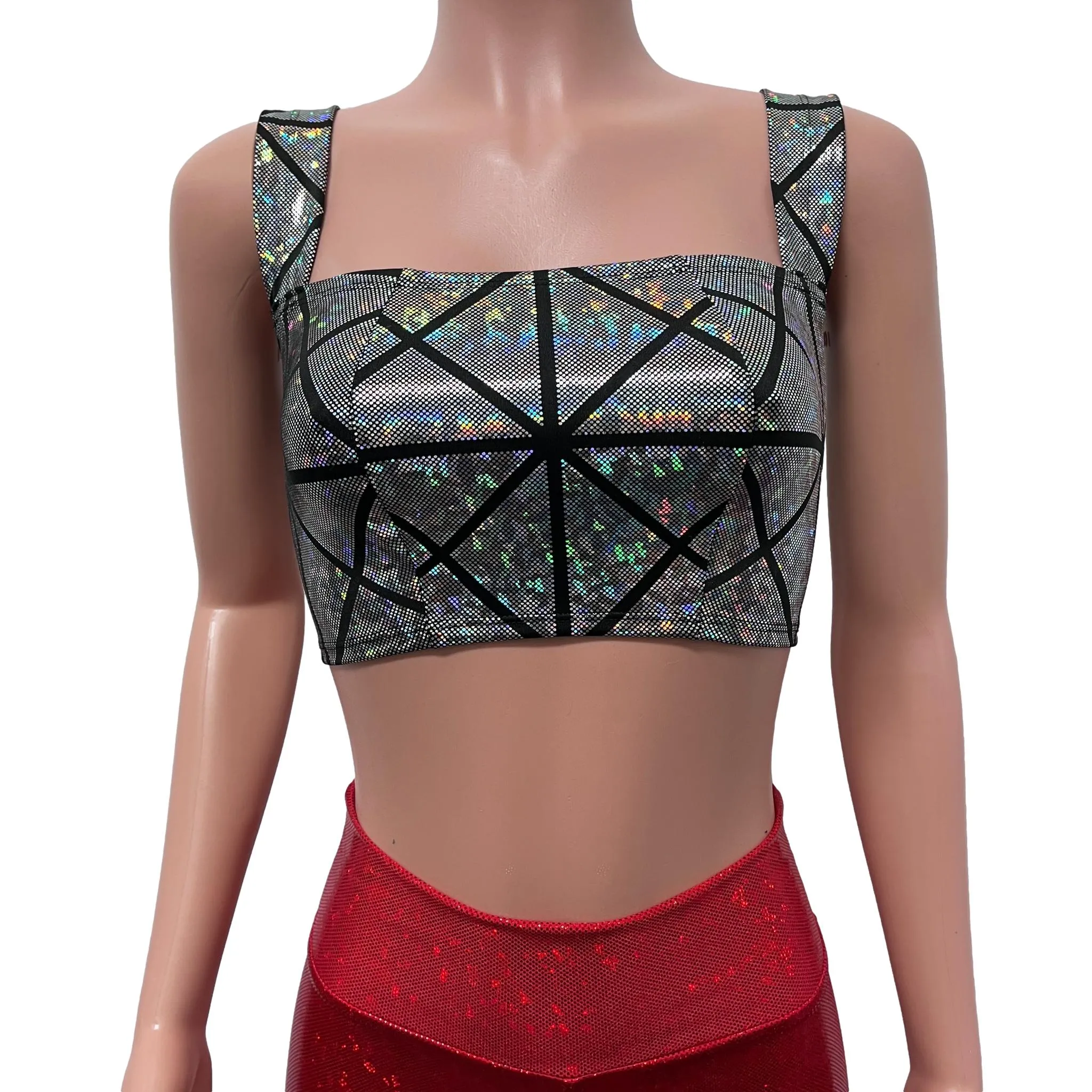 Wide Strap Square Neckline Crop Top - Silver Glass Pane Holographic