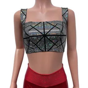 Wide Strap Square Neckline Crop Top - Silver Glass Pane Holographic