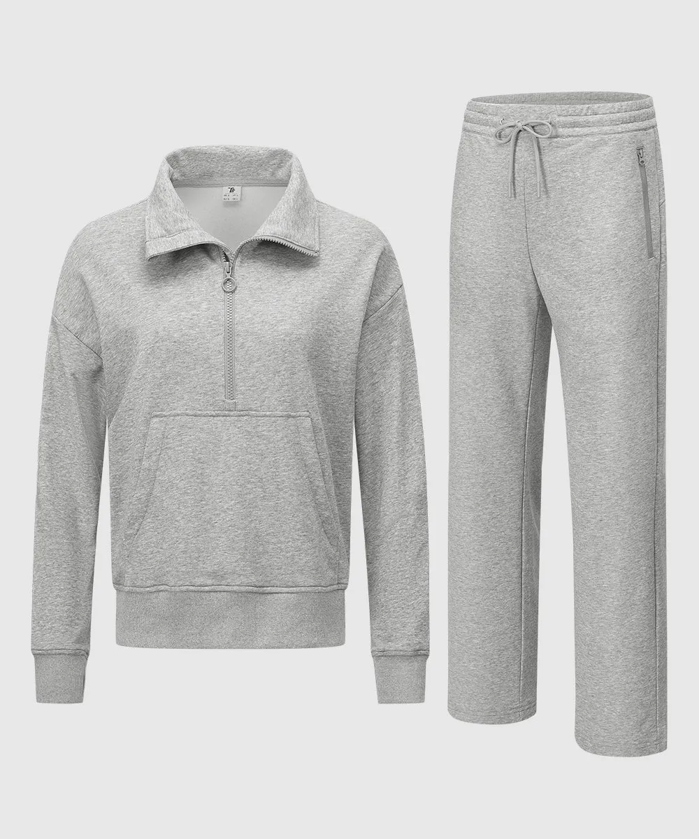 Women's 1/2 Zip Stand collar Pullover And Wide Leg Pants